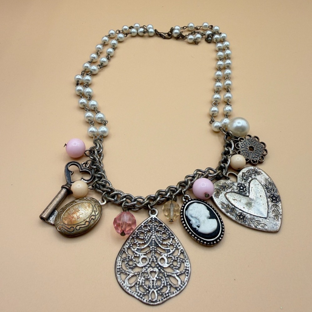 Faux Pearl Charm Necklace Vintage Cameo Key Heart Locket Gothic Statement Gift